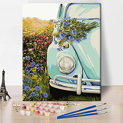 DIY Ölgemälde Blau Auto und Blume Malen nach Zahlen Pinsel Kits für Erwachsene Anfänger Kinder Acrylmalerei Geschenke für Home Wall Decor 16 * 20 inch (ohne Rahmen) von Generic