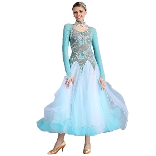 Damen Ballsaal Salsa Tanzkleid Romantische Stickerei Netzstoff Walzer Tango Tanzbekleidung Großer Saum Sexy Tanzbekleidung (S) von Generic