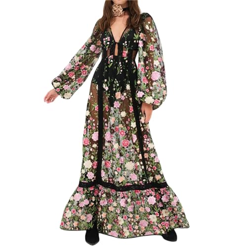 Damen-Spitzenkleid, langes Netzstoff, transparentes Überzugskleid, Strandkleid mit Langen Ärmeln, V-Ausschnitt, Blumenkleid von Generic