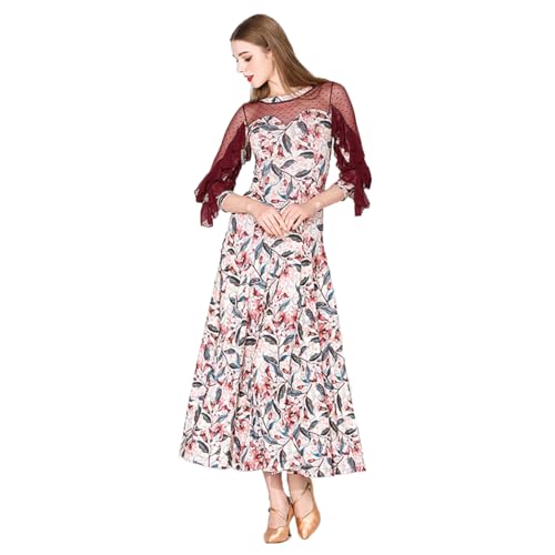 Damen-Tanzkleid Mit Blumendruck, Walzer, Tango, Netzstoff, Salsa, Standard, Gesellschaftstanz, Ausgefallener Performance-Rock, Sexy Tanzbekleidung (XXL) von Generic