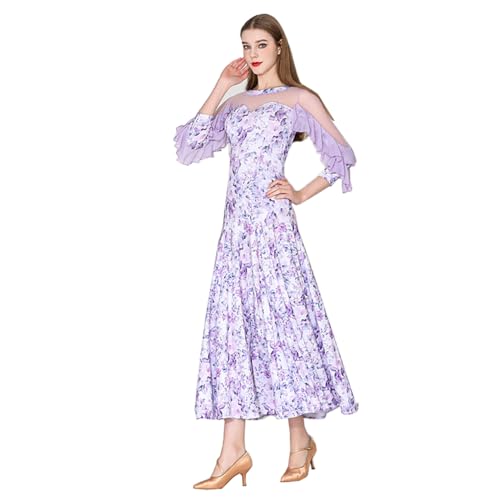 Damen-Tanzkleid Mit Blumendruck, Walzer, Tango, Netzstoff, Salsa, Standard, Gesellschaftstanz, Ausgefallener Performance-Rock, Sexy Tanzkleidung (L) von Generic
