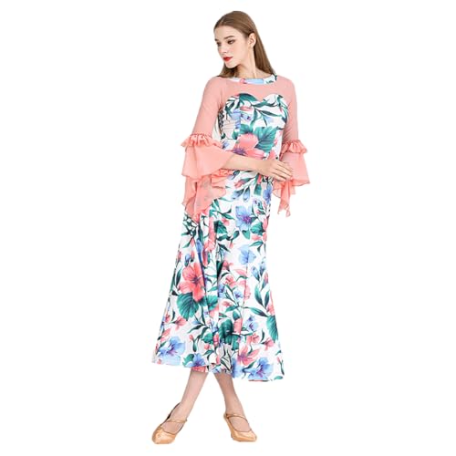 Damen-Tanzkleid Mit Fließender, Schmaler Passform, Walzer-Tango-Tanzkleid, Netzstoff, Rüschenärmel, Standard-Ballsaal-Tanz-Performance-Rock, Sexy Tanzbekleidung (XL) von Generic