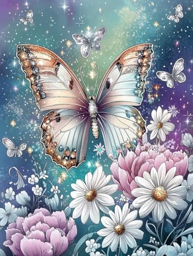 Diamond Painting, Diamond Painting Erwachsene, Schmetterlinge Blumen, Runder Diamanten Stickerei Kreuzstich Mosaikherstellung, Kreatives Geschenke Dekor Für Wohnzimmer Schlafzimmer Büro 45x60cm A-134 von Generic