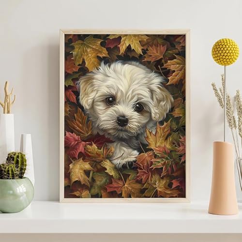 Diamond Painting BläTter, Hund Diamond Painting Erwachsene Anfänger, DIY 5D Runder Vollbohrer Diamant Malerei Stickerei Set Kreuzstich Set zur Home Wand Dekoration Geschenke 30x40cm PjY1118 V-8 von Generic
