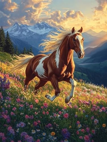 Diamond Painting Erwachsene Pferd, Wiese 5D DIY Full Drill Stickerei Art Leinwand 35x50cm, Kinder Anfänger Kristall Kreuzstich Kit, Diamond Art Basteln Kit, für Home Wand Dekor Geschenke a-365 von Generic