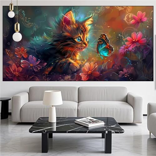 Diamond Painting Katze Diamont Painting Bilder Schmetterling Malen Nach Zahlen Set für Kinder Erwachsene,5D Vollbohrung Crystal Bastelset Mädchen Mosaikherstellung,DIY Diamant Malerei 100x300cm KM-914 von Generic