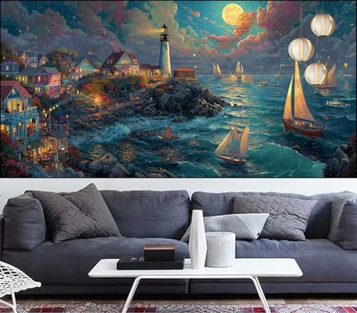 Diamond Painting Leuchtturm Diamant Painting Bilder Boot Malen Nach Zahlen Erwachsene DIY Mosaikherstellung Puzzle,Diamant Malerei Stickerei Kreuzstich set,Deko Geschenke für Frauen 90x180cm VQ-601 von Generic
