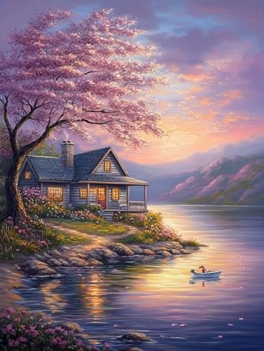 Diamond Painting Set Kirschblüten, 5D Diamant Painting Erwachsene Boot, Strasssteine Leinwand Bilder Diy Set Erwachsene, Crystal Art Kreuzstich Embroidery kit für Deko Wohnzimmer 80 x 110cm ZSH08658 von Generic
