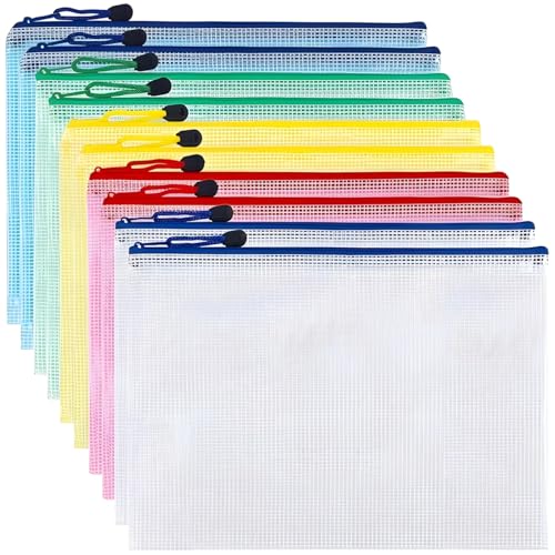 Dokumententaschen aus Netzstoff, wasserdichte Nylon-Reißverschluss-Aufbewahrungstaschen, 34 x 24 cm, mehrfarbig, für Rechnungen, Quittungen und Schulpapiere, 10 Stück von Generic