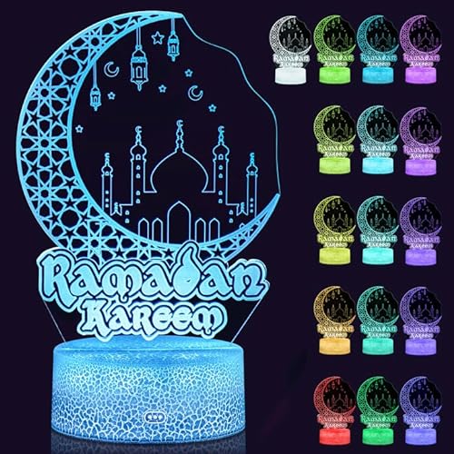 Dreamtop 3D Ramadan Lampe 16 Farben Mubarak Ramadan LED Lampe Eid Dekorationen Mond Stern Nachtlichter mit Fernbedienung Verfärbung Berühren für Zu Hause Ramadan Handwerk Dekoration von Generic