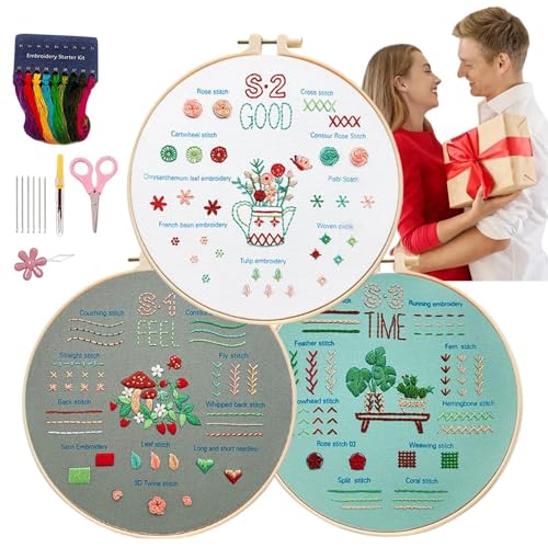 Einfaches Stickset für Anfänger, Stickset | 3 Sets Handkreuzstich-Sets | Nadelspitzen-Set mit Schritt-für-Schritt-Anleitung, Stickset zu Hause für Frauen und Männer von Generic