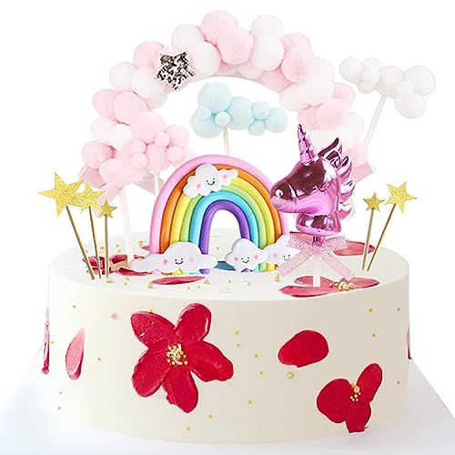 Einhorn Regenbogen Tortendeko Happy Birthday Torten Topper Luftballon Sternen Cake-Topper Kuchen Aufsätze für Mädchen Geburtstag von Generic