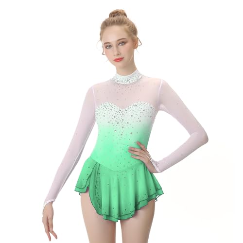 Eiskunstlaufkleid For Mädchen Mit Klettärmeln Und Schmucksteinen, Hochelastisches Wettkampf-Eislaufkleid For Damen(Grün,XL) von Generic