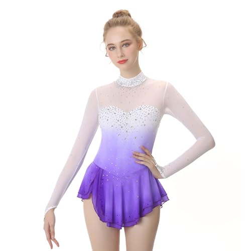 Eiskunstlaufkleid For Mädchen Mit Klettärmeln Und Schmucksteinen, Hochelastisches Wettkampf-Eislaufkleid For Damen(Lila,3XL) von Generic