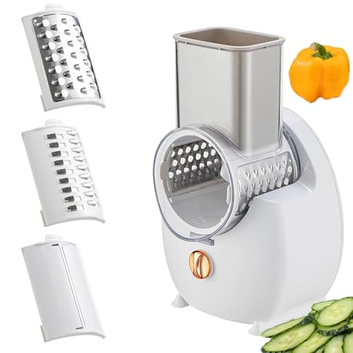 Electric Cheese Grater Vegetable Slicer, Rechargeable Rotary Grater Salad Maker with 3 Interchangeable Blades, Durable Material and Cutting Efficiently, for Kitchen, Camping, Restaurant(White) von Generic