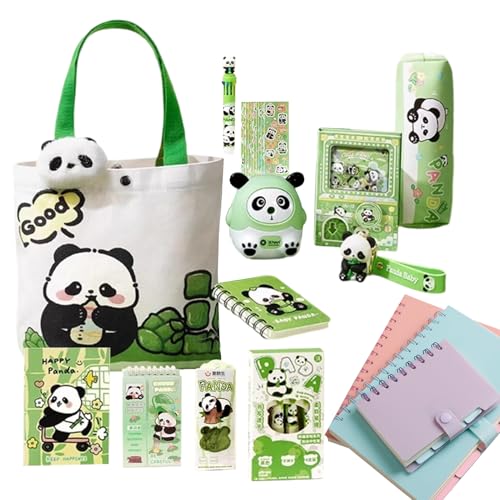 Entzückendes Schreibwaren-Set | Federmäppchen von Panda mit Brosche und Schlüsselanhänger, inklusive Radiergummi, Notizbücher, Kugelschreiber, Lineale und Haftnotizen für Schüler von Generic
