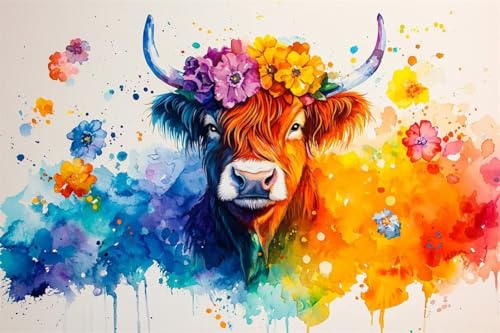 Erwachsene Diamond Painting DIY 5D Voll Bohren Set Aquarell Hochlandrinder Bild Diamant Gemälde Diamant Malerei Arts Craft Perfekt Für Entspannung Und Wand Decor Quadratischer Diamant 50x75cm B1482 von Generic
