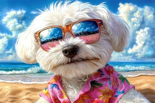Erwachsene Diamond Painting DIY 5D Voll Bohren Set Strand Sonnenbrille Hund Bild Diamant Gemälde Diamant Malerei Arts Craft Perfekt Für Entspannung Und Decor Runder Diamant 80x120cm C0764 von Generic