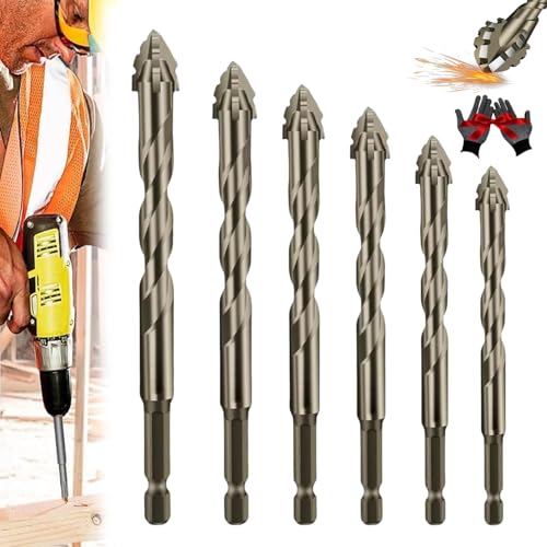 Exzenterbohrer Set, 6-Teiliger Vierschneidiger Sägezahn Exzenterbohrer mit Handschuhe, 4/5/6/8/10/12 mm Hochfeste Exzenterbohrer für Glas, Keramik, Holz & Metall (1 SET) von Generic