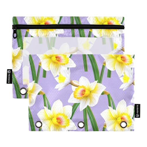Federmäppchen für Jungen, 3-Ringbuch, Reißverschluss, Bleistifttasche, Stift, transparent, für Schule, Ordner, transparente Taschen, Weiß, Gelb, Blumen, Violett, 24,9 x 18 cm, 2 Packungen von Generic