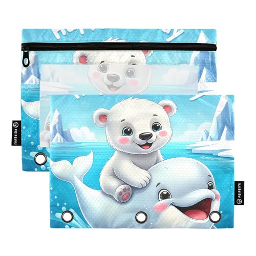 Federmäppchen für die Arbeit, 3-Ringbuch, Stifteetui, Reißverschluss, transparent, für die Schule, mit niedlichem Cartoon-Eisbär, Wal, 24,9 x 18 cm, 2 Packungen von Generic