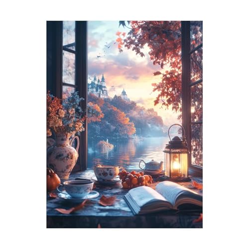 Fensterbank Malen Nach Zahlen Erwachsene Burg Malen Nach Zahlen 100 x 135 CM DIY Basteln Erwachsene Klarheit Farbe Leinwan Bilder mit Acrylfarben Set 3 Typen Pinsel für Deko Wohnzimmer 2YH-14881 von Generic