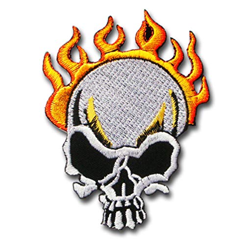 Flammender Totenkopf Burn on Fire bestickter Aufnäher zum Aufbügeln, Schwarz und Weiß mit orangefarbenen Flammen Reiter Biker Rock Heavy Metal #1 Flammender Totenkopf Burn on Fire bestickter Aufnäher zum Aufbügeln, Schwarz und Weiß mit orangefarbenen Flammen Reiter Biker Rock Heavy Metal #1 von Generic