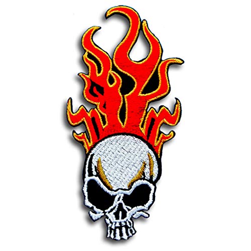 Flammender Totenkopf Burn on Fire bestickter Aufnäher zum Aufbügeln, Schwarz und Weiß mit orangefarbenen Flammen Reiter Biker Rock Heavy Metal Flammender Totenkopf Burn on Fire bestickter Aufnäher zum Aufbügeln, Schwarz und Weiß mit orangefarbenen Flammen Reiter Biker Rock Heavy Metal von Generic