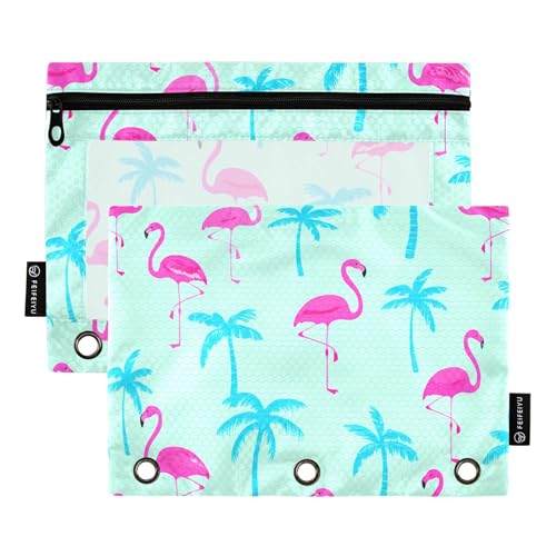 Funny Federmäppchen mit 3 Ringen, rosa Flamingos, Türkis, Palme, Minze, Reißverschluss, für Bleistifte, Taschen, Schule, transparente Ordner, Taschen, Reißverschluss, 24,9 x 18 cm, 2 Packungen von Generic