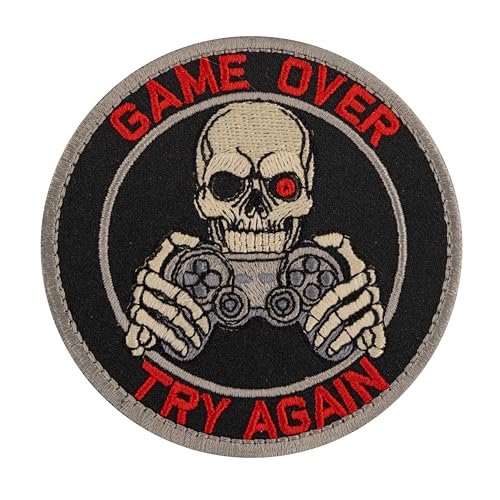 Game Over Try Again Patch - Gamer Skull with Controller - Embroidered Iron on Badge for Jackets, Backpacks & Vests, 8.9 cm Round von Generic