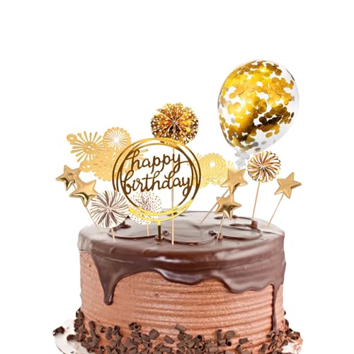 Geburtstagstorte Dekorationen, 9 Stück Gold Happy Birthday Cake Topper, Bunte Ballons Feuerwerk Kuchen Topper Junge Mädchen Party Dekorationen von Generic
