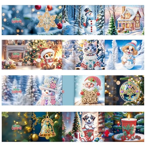 Gem Art Weihnachtskarten – 12 x Kartenherstellungs-Kits, 5D-Weihnachtskarten-Bastelset, Malen von Weihnachtskarten, Weihnachtsgrußkarten, lustiges handgefertigtes Set für Mädchen und von Generic
