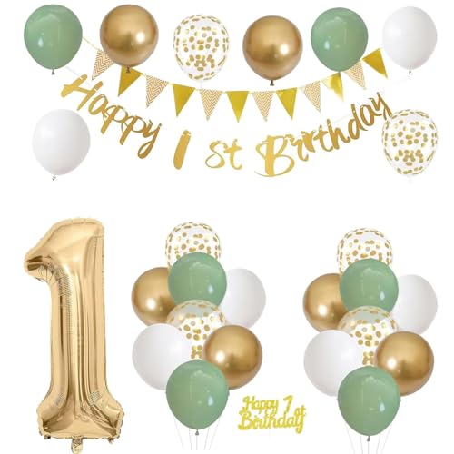 Generic 1. Geburtstag Dekorationen, 28 Stück Folienballon Set, Grün Gold Weiß Geburtstag Dekoration Set, 24 Luftballons Uni Kinder Generic 1. Geburtstag Dekorationen, 28 Stück Folienballon Set, Grün Gold Weiß Geburtstag Dekoration Set, 24 Luftballons Uni Kinder von Generic