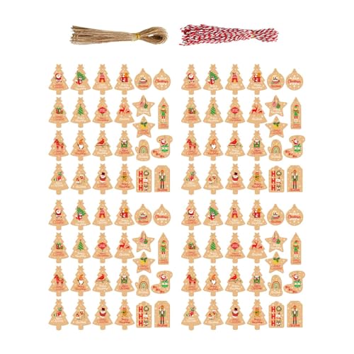 Generic Geschenkanhänger für Weihnachten, Hängeetiketten mit Juteseil Und Kraftpapierschnur, Cartoon Geschenkanhänger für, 100 Stück von Generic