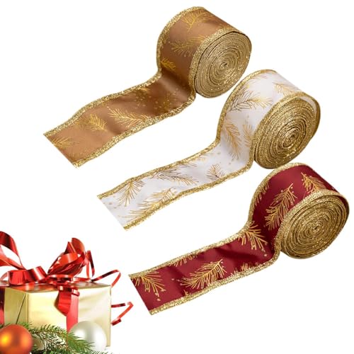 Geschenkband - Weihnachtsband mit Metallrand zum Verpacken, Zubehör für Satinbandschleifen | Weihnachtsband für Baum, 3 Rollen Glitzer Deko Banner für Blumenstrauß Geschenkband - Weihnachtsband mit Metallrand zum Verpacken, Zubehör für Satinbandschleifen | Weihnachtsband für Baum, 3 Rollen Glitzer Deko Banner für Blumenstrauß von Generic