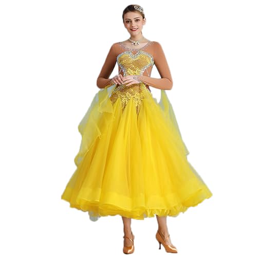Glitzernde Ballsaal-Tango-Tanzkleider Im Strass-Stil für Damen, Salsa-Walzer-Tanzkleid Mit Fließendem Netzstoff, Großem Saum, Sexy Tanzbekleidung (M) von Generic