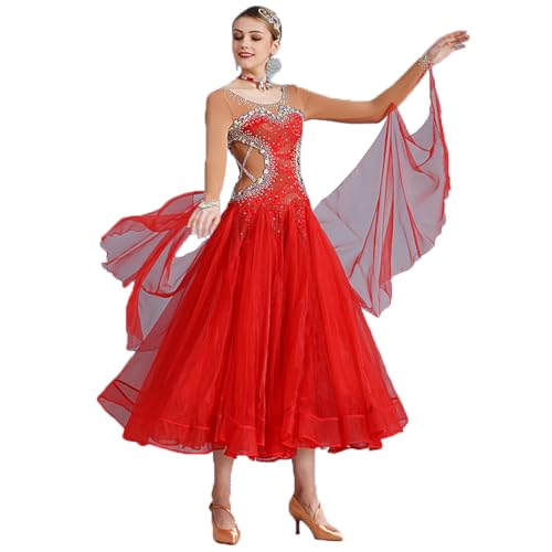 Glitzernde Ballsaal-Tango-Tanzkleider Im Strass-Stil für Damen, Salsa-Walzer-Tanzkleid Mit Fließendem Netzstoff, Großem Saum, Sexy Tanzbekleidung (S) von Generic