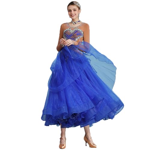 Glitzernde Ballsaal-Tango-Tanzkleider Im Strass-Stil für Damen, Salsa-Walzer-Tanzkleid Mit Fließendem Netzstoff, Großem Saum, Sexy Tanzbekleidung (XXL) von Generic