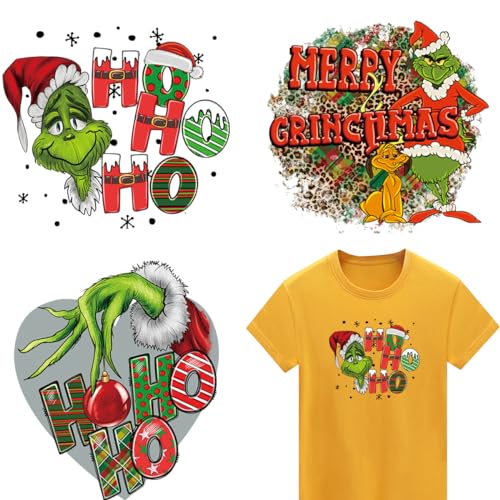 Grinch Cartoon Weihnachten für T-Shirts Wärmeübertragung Weihnachten Eisen Auf Abziehbilder Design Eisen auf Vinyl Patches Papier für Kleidung Hut Kissen Rucksack DIY Handwerk Supplies 3PCS von Generic