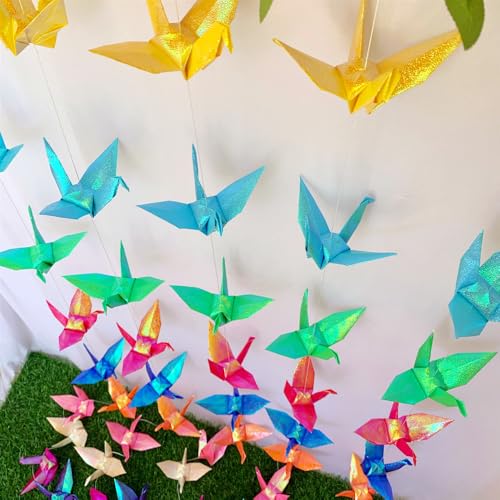Große Bunte Papier-Kranich-Girlanden zum Aufhängen (1 mx3 Stränge), funkelnd, vorgefertigt, gefaltet, handgefertigt, Origami-Vögel, Luftschlangen für Hochzeit, Brautparty, Geburtstag, Partyzubehör von Generic