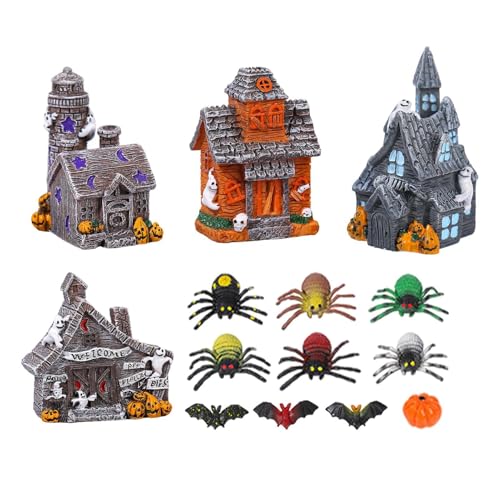 Gruselige Hausfigur - Spukhaus zum Sammeln, Halloween Miniatur Deko | Miniatur Spukhaus mit Fledermäusen, Geister, Kürbissen, 14 Stück Partyzubehör, Dekoration von Generic