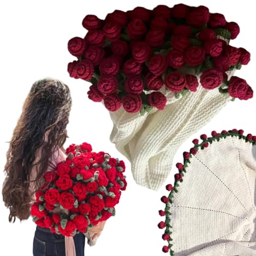 Häkelblume Rosenstrauß Decke Handgemacht - Überraschung Blumenstrauß Decke, Romantische Gestrickte Rose Floral Bett Überwurf Decken, Geschenk für Muttertag Geburtstag Wohnkultur (0.8M Fertig Rot) von Generic