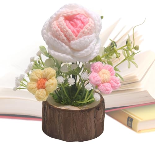 Häkelblumen in Töpfen – Roses Sunflowers Grochet, künstliche Blumenbouquet | im Tischtopf, kleine gehäkelte Rosen in gehäkelten Rosentöpfen, Dekoration der Statue von Generic