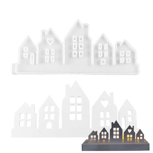 Häuser Harzform, Hausform für Kerzenhalter Dekoration - Fünf verbundene Häuser Silikon-Fondantform | Häuser Silikonformen für Tischdekoration, Ornamente, Kerzenhandwerk von Generic