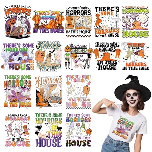 Halloween Bügelbilder für T-Shirts – 16 Stück lustige Geister-DTF-Transfers zum Drücken, Horror-Aufkleber zum Aufbügeln für T-Shirts, Kleidung, Jacken, Hüte, Rucksäcke, DIY Handwerk von Generic