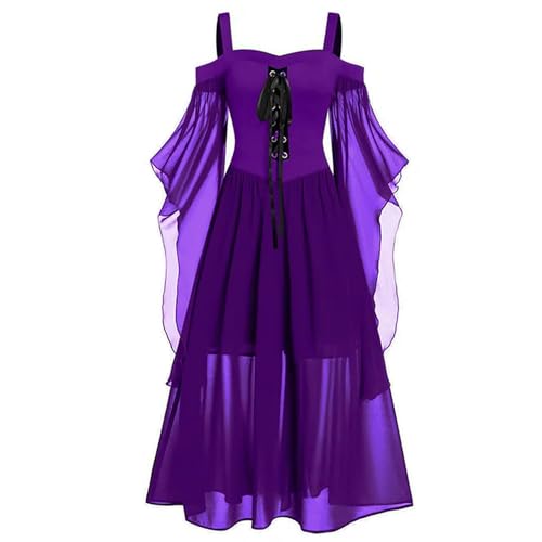 Halloween-Hexe-Kostüme für Damen, Gothic, Schnürung, Netzstoff, durchsichtig, A-Linie, langes Kleid, Partykleidung, DM06, Lila, Größe XL von Generic