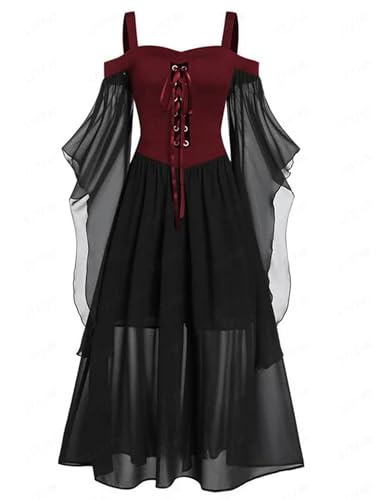 Halloween-Hexe-Kostüme für Damen, Gothic, Schnürung, Netzstoff, durchsichtig, A-Linie, langes Kleid, Partykleidung, XM03, Schwarz, Rot, Größe XL von Generic