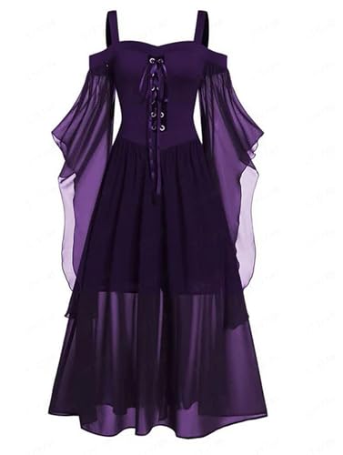 Halloween-Hexe-Kostüme für Damen, Gothic, Schnürung, Netzstoff, durchsichtig, A-Linie, langes Kleid, Partykleidung, XM04, Lila, Größe S von Generic