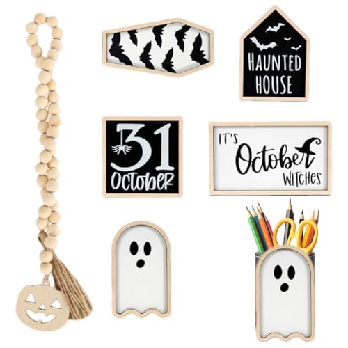 Halloween Tiered Tray Decor Set - Holzzeichen, Perlen Girlande Ornament | Festliche Geist Coffin Tischzubehör mit erschreckendem Mittelpunkt für Haus Küche Zimmer Party-Setup, Saisonale Halloween Tiered Tray Decor Set - Holzzeichen, Perlen Girlande Ornament | Festliche Geist Coffin Tischzubehör mit erschreckendem Mittelpunkt für Haus Küche Zimmer Party-Setup, Saisonale von Generic