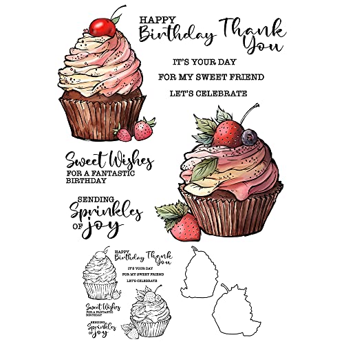 Happy Birthday Sweet Cupcakes Dessert Clear Stamps and Dies Set für Karten Alben DIY Silikon Stempel Metall Stanzformen Handwerk Scrapbooking Supplies Dekor von Generic